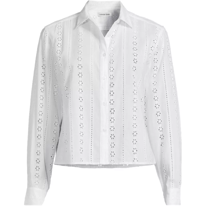 Women's Plus Size Eyelet Cropped Button Front Shirt, Front