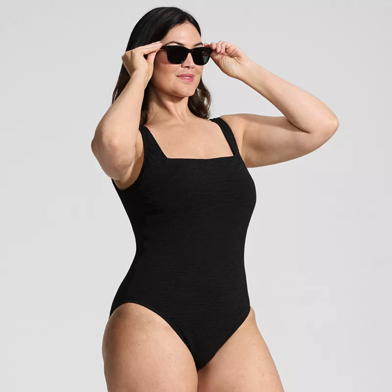 Womens Plus Size Boucle Square Neck Scoop Back One Piece Swimsuit, alternative image