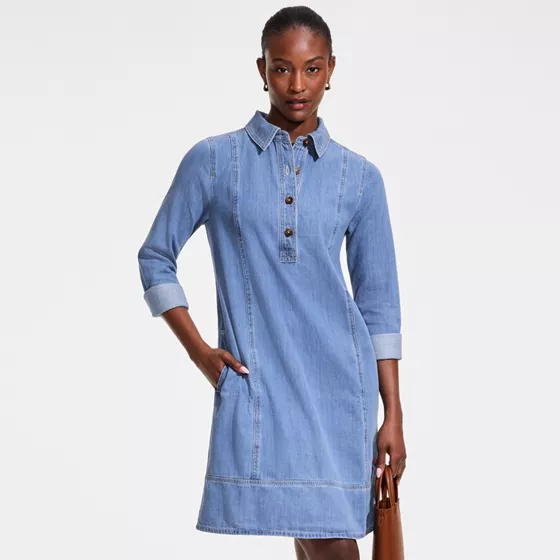 Women's Light Weight Denim Popover At the Knee Dress - primary