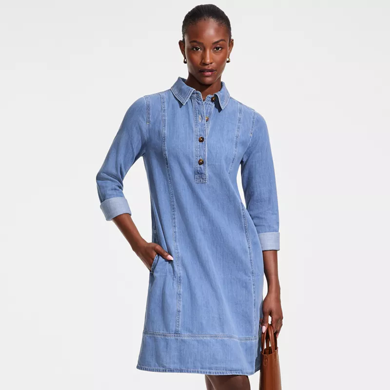 Women's Light Weight Denim Popover At the Knee Dress, alternative image