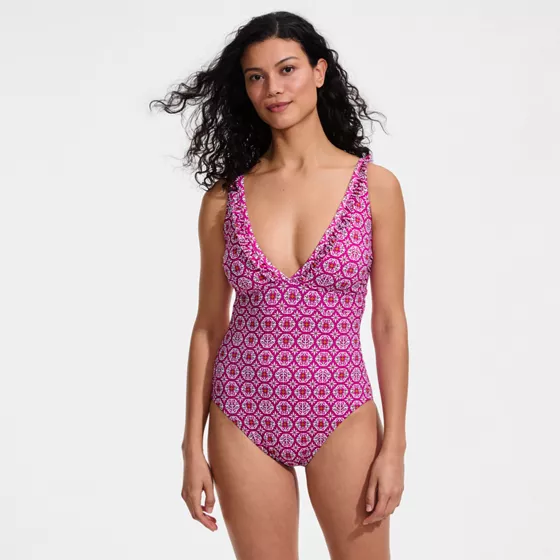 Women's Mastectomy LE x T and T The Tegan Ruffle V-neck Plunge One Piece - primary
