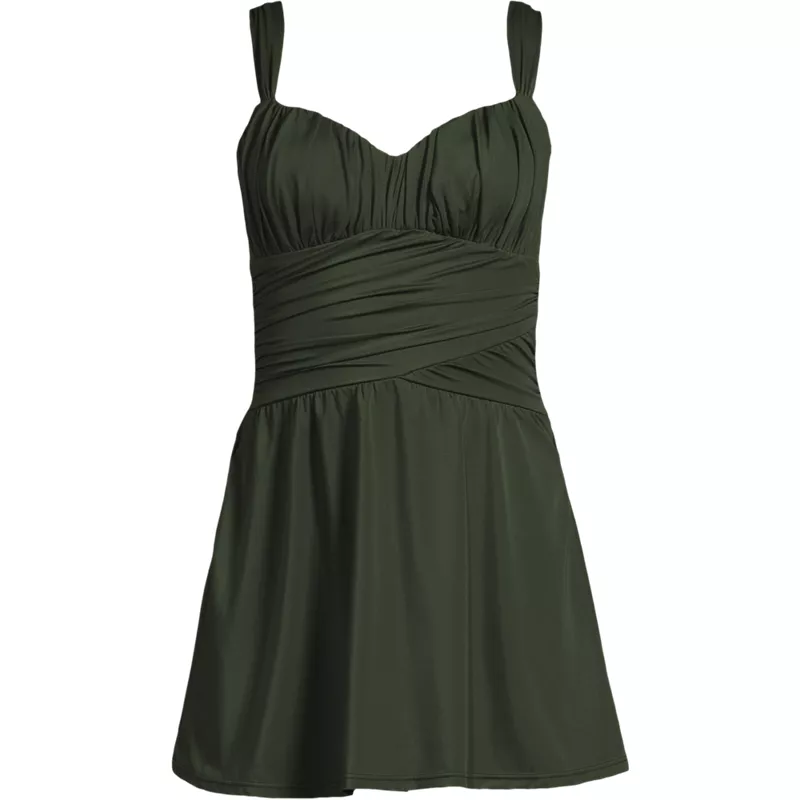 Women's Slender Lite Sweetheart Shirred Swim Dress, Front