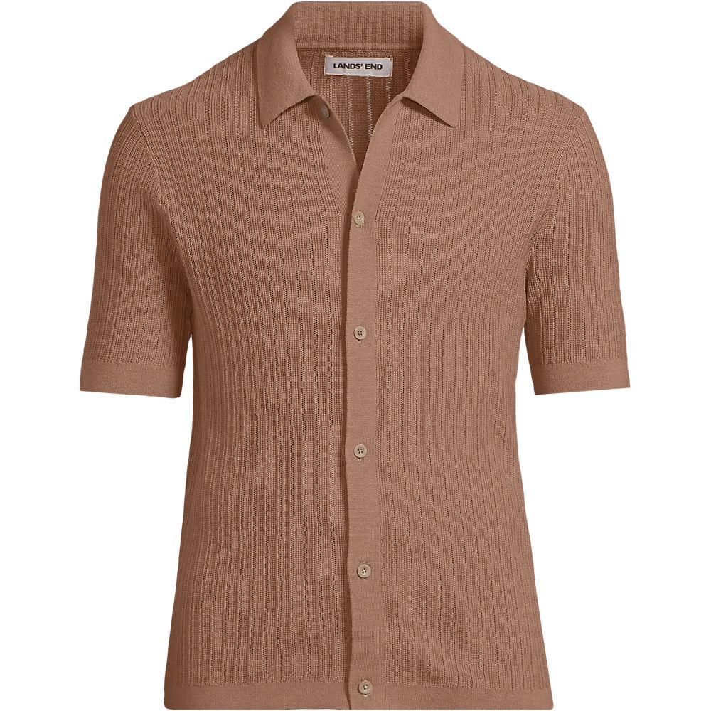 Short Sleeve Lightweight Cotton Fine Knit Shirt, Men, size: M, regular, Brown, Cotton, by Lands' End