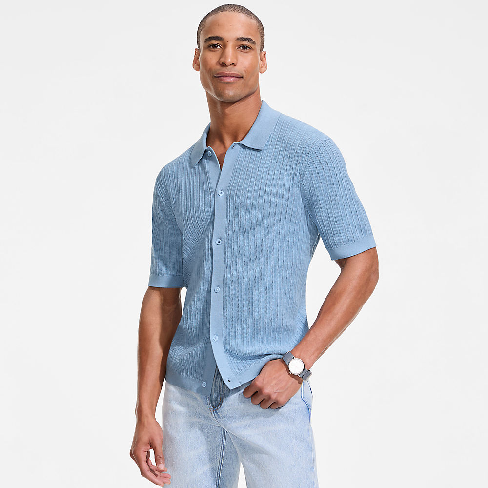 Short Sleeve Lightweight Cotton Fine Knit Shirt, Men, size: M, regular, Blue, Cotton, by Lands' End