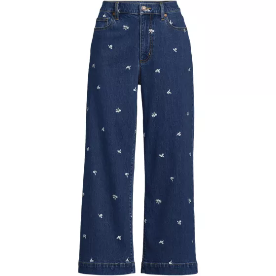 Women's Soft Denim High Rise Embroidered Wide Leg Crop Jeans - primary