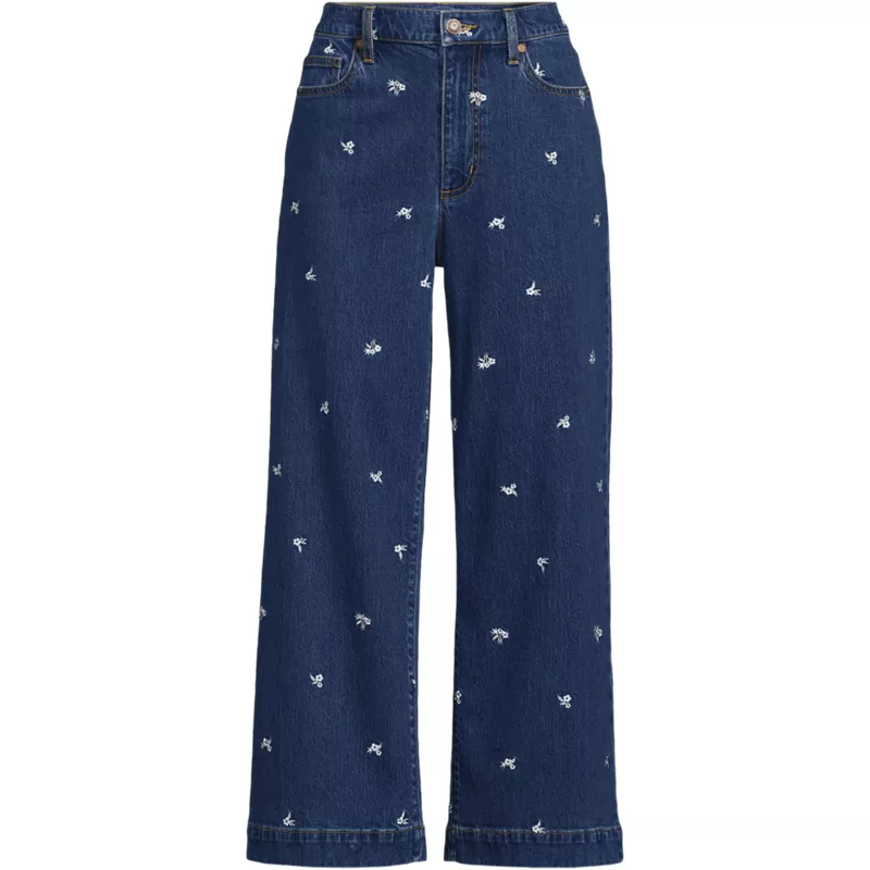 Women's Plus Size Soft Denim High Rise Embroidered Wide Leg Crop Jeans, Front
