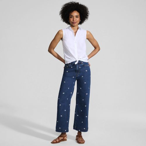 Women's Soft Denim High Rise Embroidered Wide Leg Crop Jeans