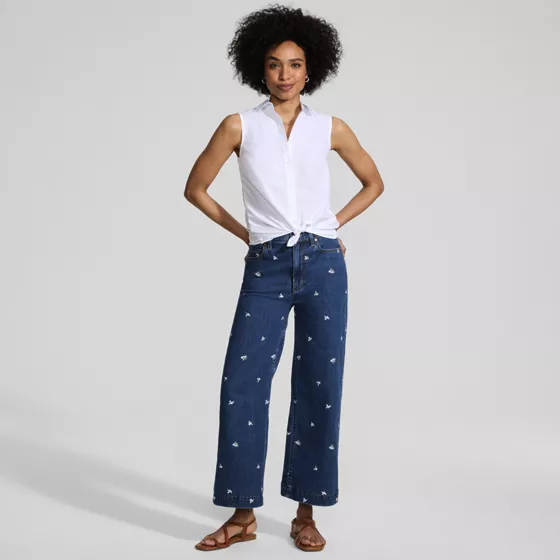 Women's Petite Soft Denim High Rise Embroidered Wide Leg Crop Jeans - primary