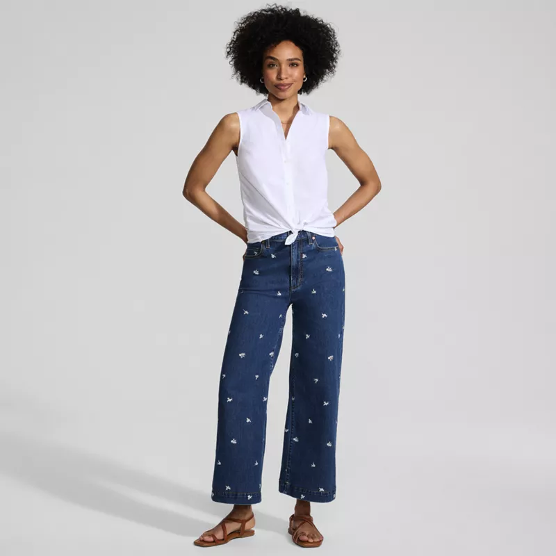 Women's Tall Soft Denim High Rise Embroidered Wide Leg Crop Jeans, alternative image