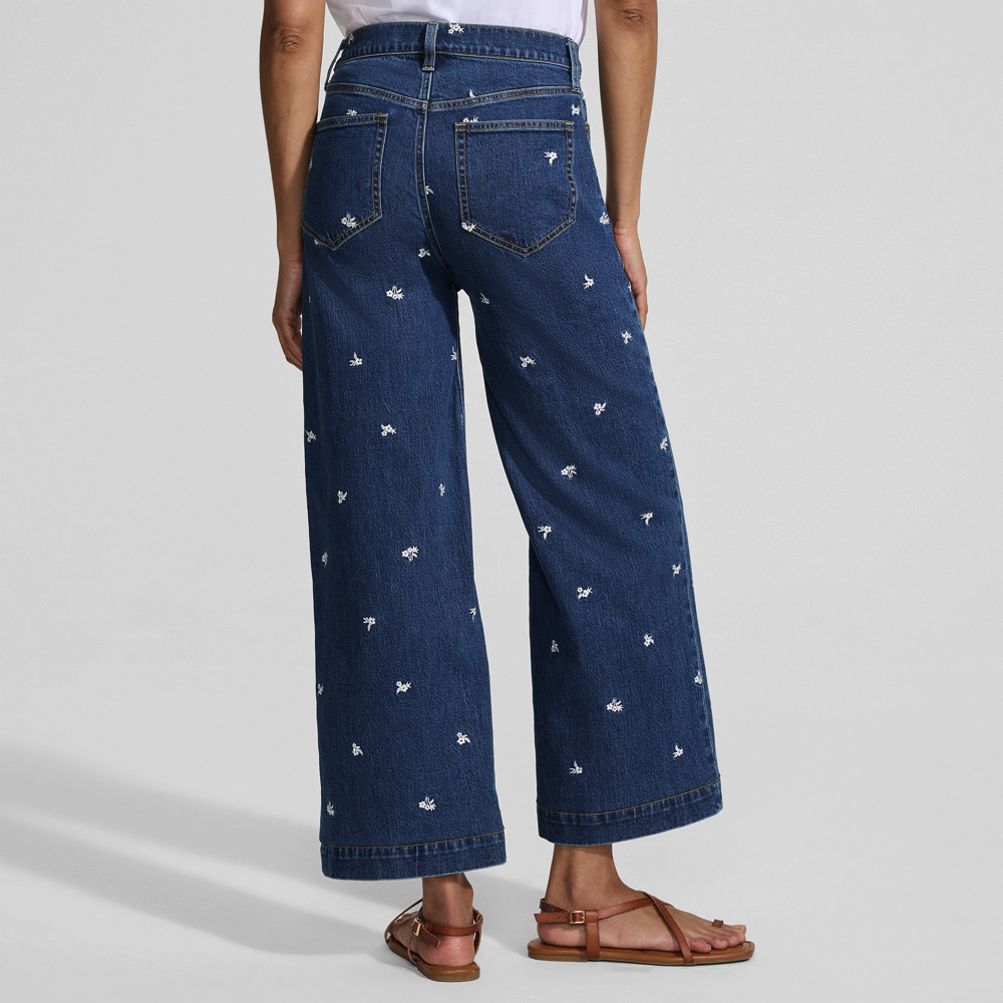 Women's Soft Denim High Rise Embroidered Wide Leg Crop Jeans