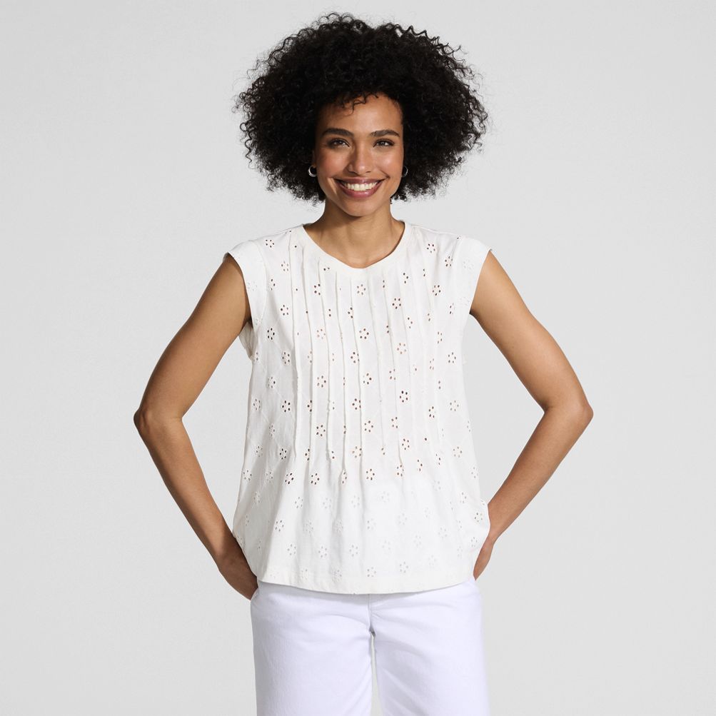 Women's Cap Sleeve Eyelet Pintuck Swing Top | Lands' End