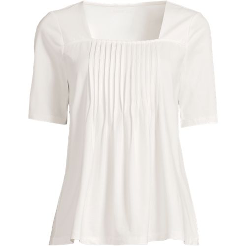 【LOHEN】SQUARE NECK COMPACT TOPS Women's Elbow Sleeve Lightweight Jersey Pintuck Square Neck Top