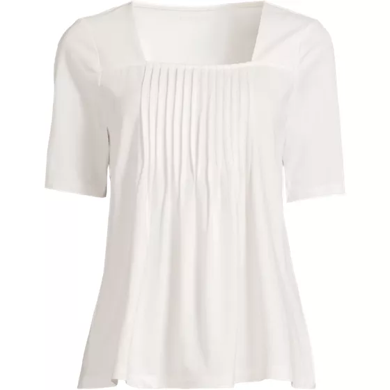 Women's Elbow Sleeve Lightweight Jersey Pintuck Square Neck Top - primary