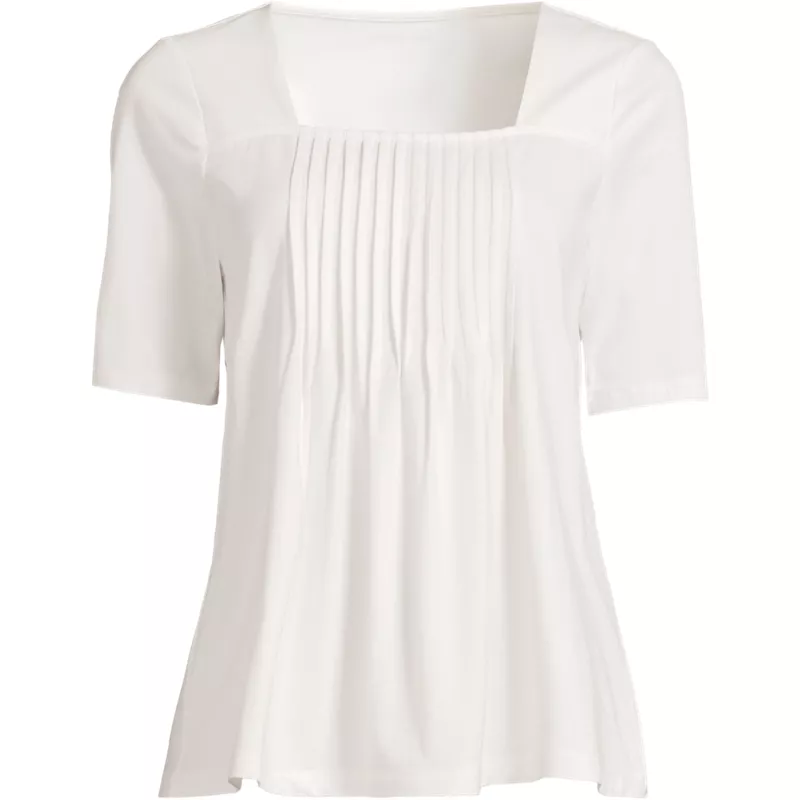 Women's Elbow Sleeve Lightweight Jersey Pintuck Square Neck Top, Front