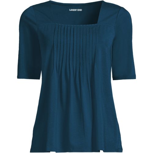 Women's Elbow Sleeve Lightweight Jersey Pintuck Square Neck Top