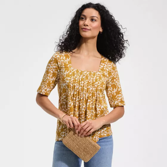 Women's Elbow Sleeve Lightweight Jersey Pintuck Square Neck Top - primary