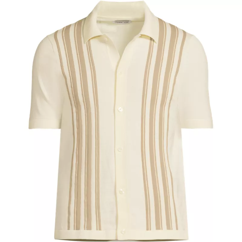 Men's Short Sleeve Striped Button Through Sweater Polo, Front