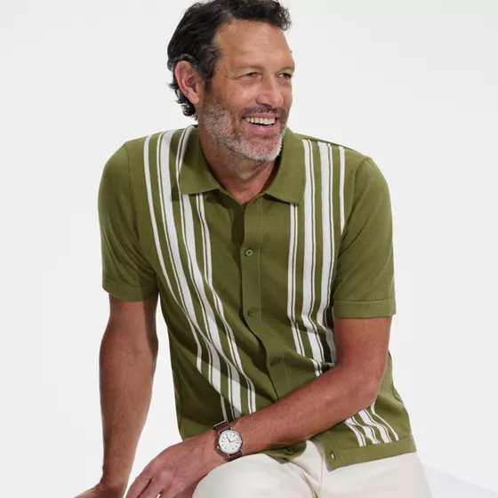Men's Short Sleeve Striped Button Through Sweater Polo - primary