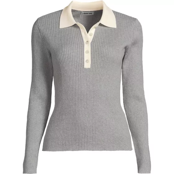 Women's Plus Size Cotton Ribbed Long Sleeve Polo Sweater - primary