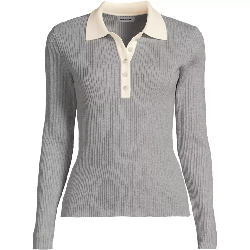Women's Cotton Ribbed Long Sleeve Polo Sweater, Front