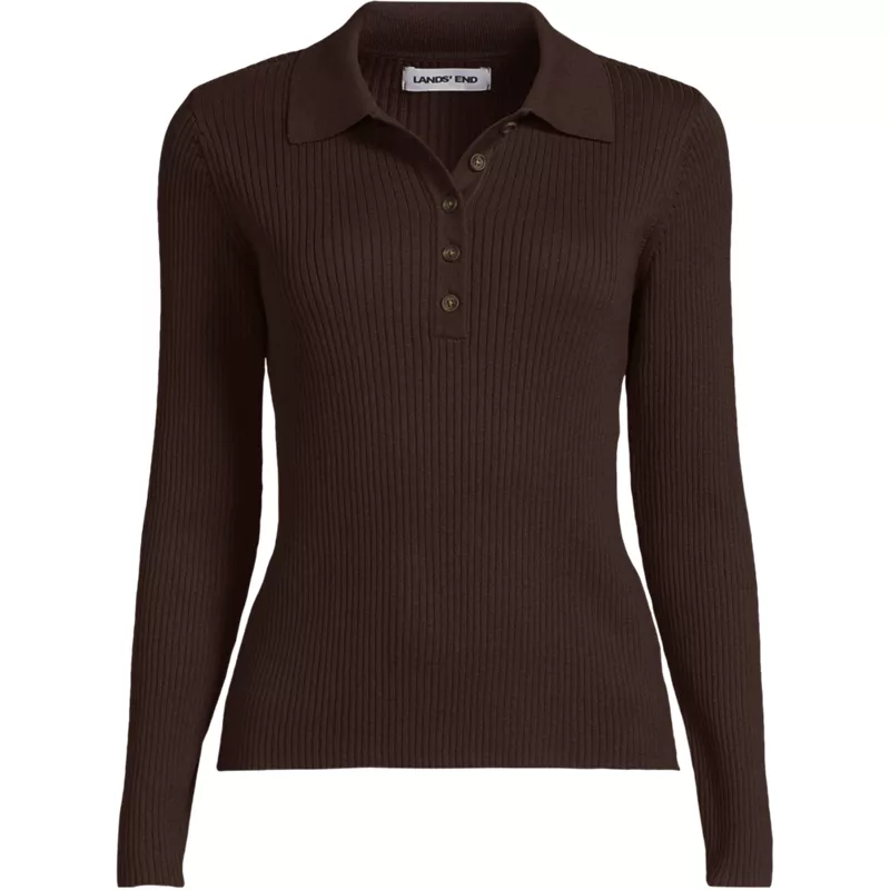 Women's Plus Size Cotton Ribbed Long Sleeve Polo Sweater, Front