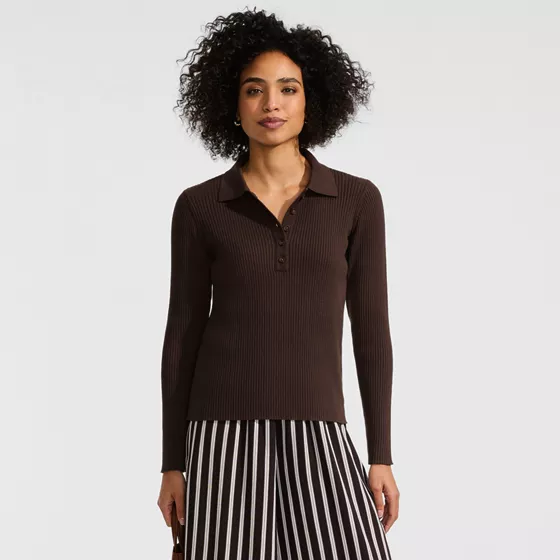 Women's Cotton Ribbed Long Sleeve Polo Sweater - primary