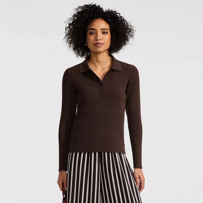 Women's Cotton Ribbed Long Sleeve Polo Sweater, alternative image