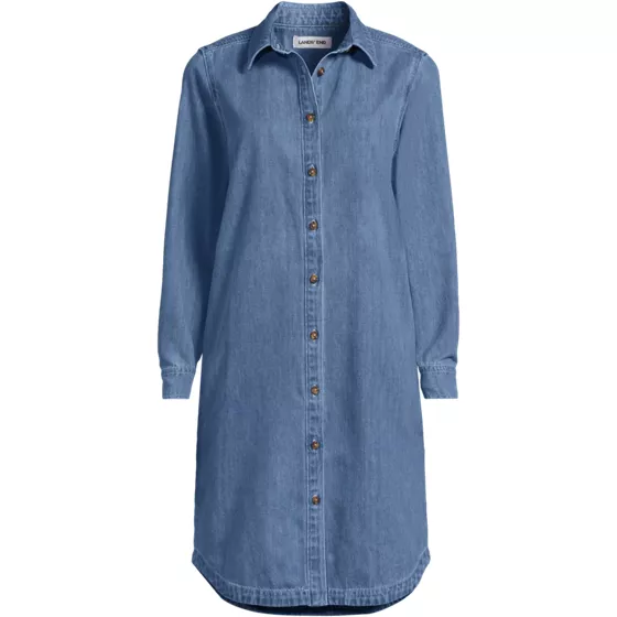Women's Plus Size Light Weight Denim Long Sleeve Button Front Shirt Dress - primary
