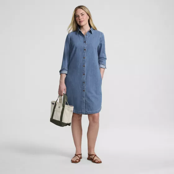 Women's Light Weight Denim Long Sleeve Button Front Shirt Dress - primary