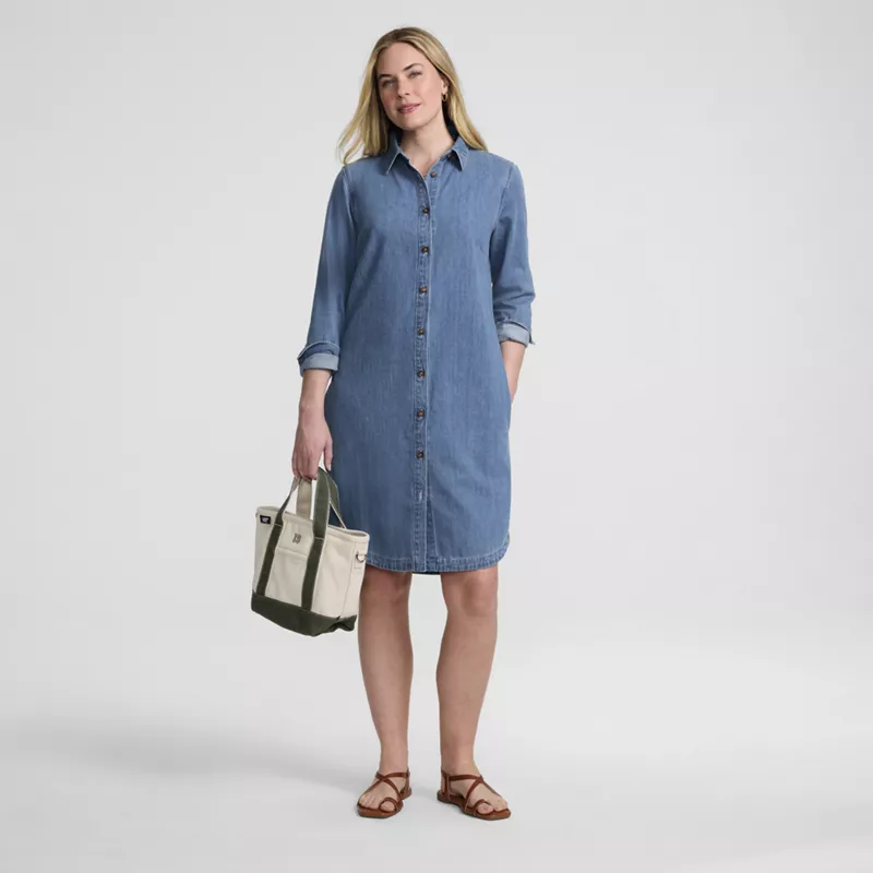 Women's Light Weight Denim Long Sleeve Button Front Shirt Dress, alternative image