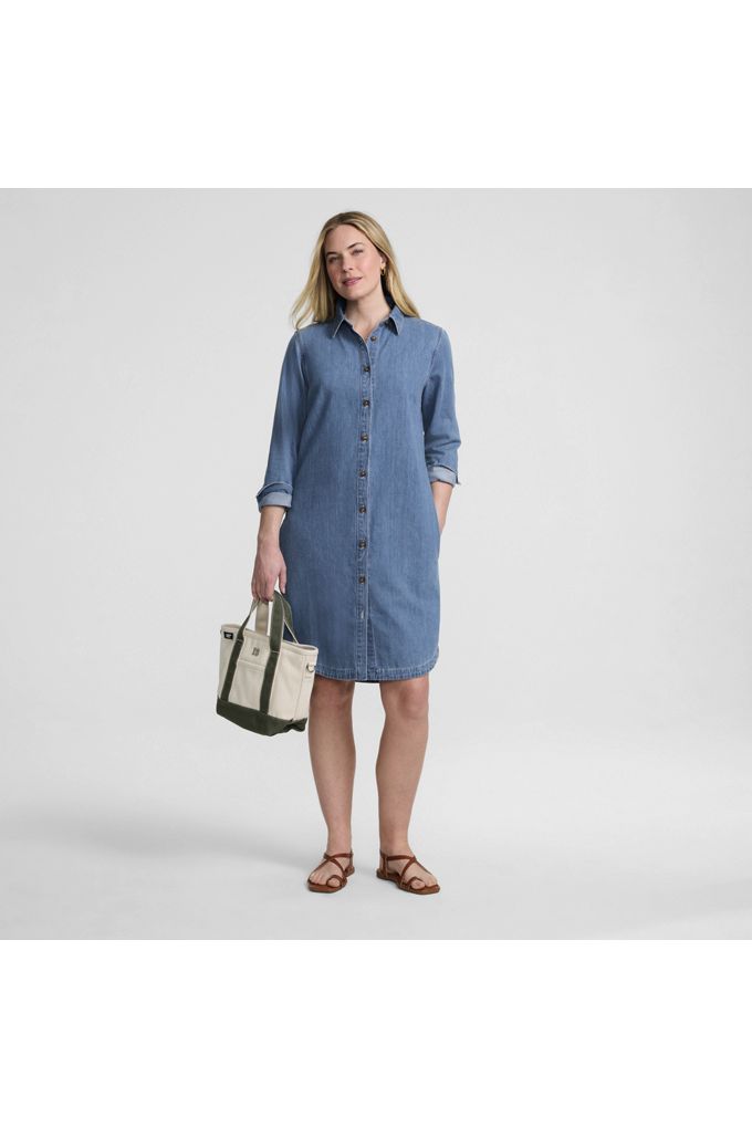 Lands' End Women's Petite Light Weight Denim Long Sleeve Button Front Shirt Dress In Blue