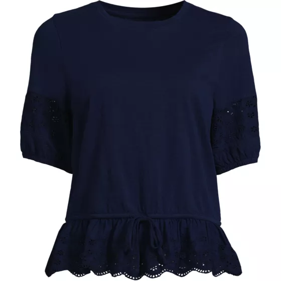 Women's Elbow Sleeve Slub Lace Trim Adjustable Hem Top - primary