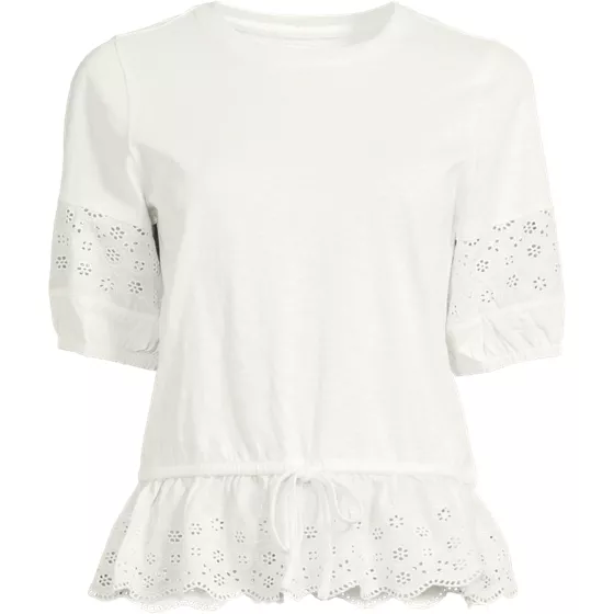 Women's Plus Size Elbow Sleeve Slub Lace Trim Adjustable Hem Top - primary
