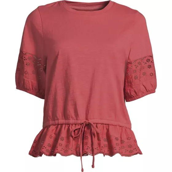 Women's Elbow Sleeve Slub Lace Trim Adjustable Hem Top - primary