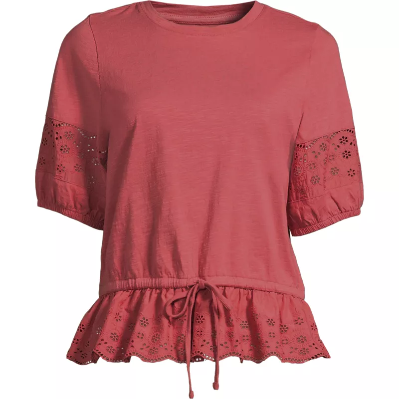 Women's Plus Size Elbow Sleeve Slub Lace Trim Adjustable Hem Top, Front