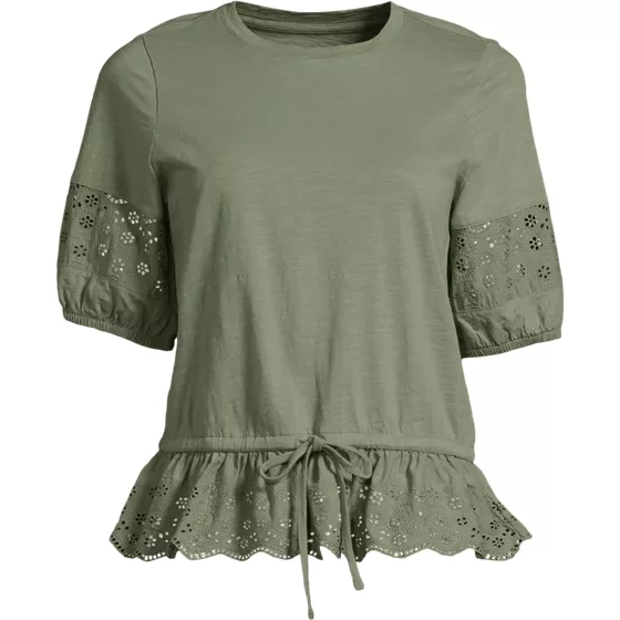 Women's Elbow Sleeve Slub Lace Trim Adjustable Hem Top - primary
