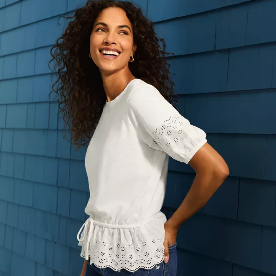 Women's Elbow Sleeve Slub Lace Trim Adjustable Hem Top - primary