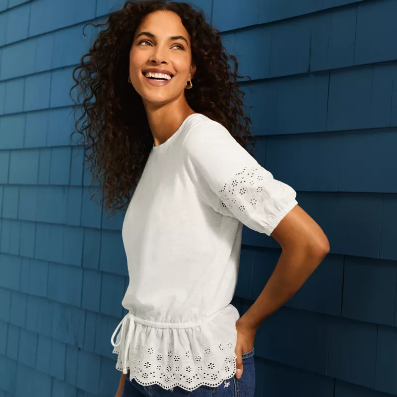 Women's Elbow Sleeve Slub Lace Trim Adjustable Hem Top, alternative image