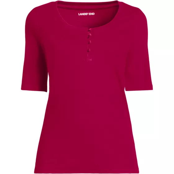 Women's Plus Size Elbow Sleeve Variegated Micro Rib Scoop Neck Henley - primary