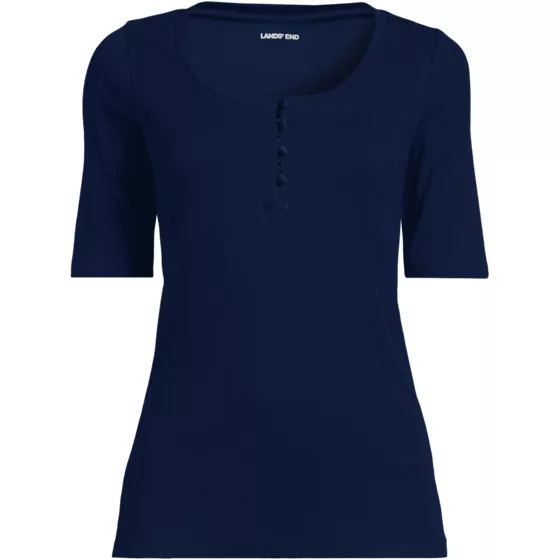 Women's Elbow Sleeve Variegated Micro Rib Scoop Neck Henley - primary