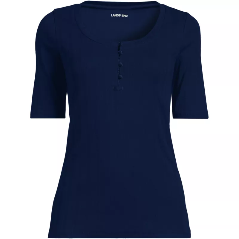 Women's Elbow Sleeve Variegated Micro Rib Scoop Neck Henley, Front