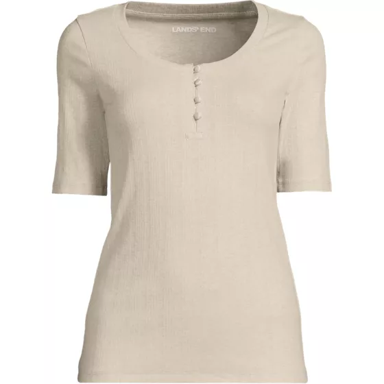 Women's Elbow Sleeve Variegated Micro Rib Scoop Neck Henley - primary