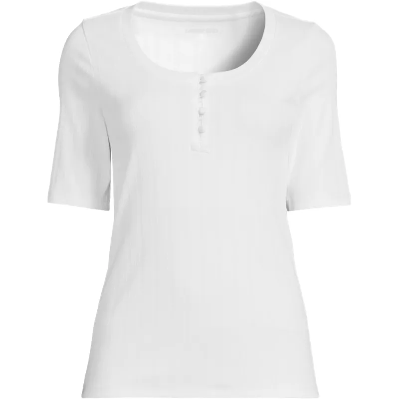 Women's Elbow Sleeve Variegated Micro Rib Scoop Neck Henley, Front