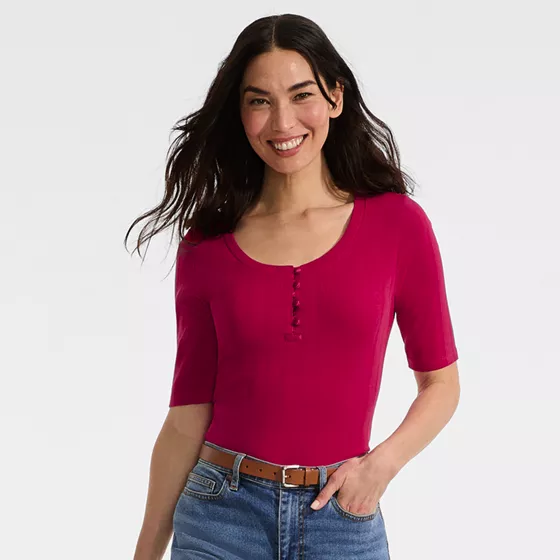 Women's Elbow Sleeve Variegated Micro Rib Scoop Neck Henley - primary