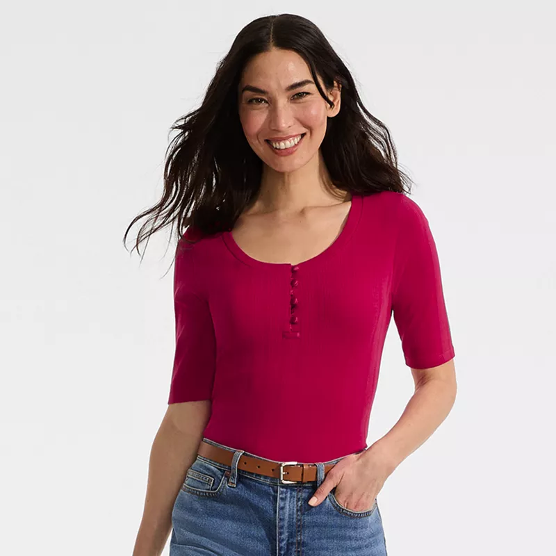 Women's Elbow Sleeve Variegated Micro Rib Scoop Neck Henley, alternative image