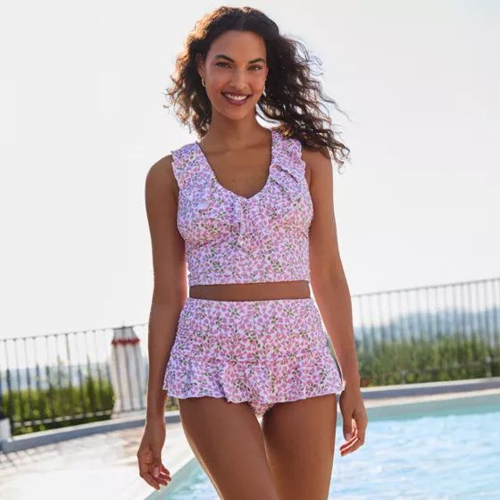 Women's Ruffle Midkini Top and High Waisted Bottom Swimsuit Set - primary