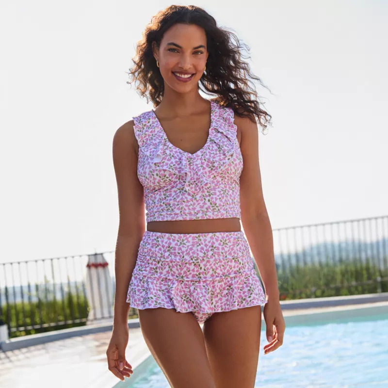 Women's Ruffle Midkini Top and High Waisted Bottom Swimsuit Set, alternative image