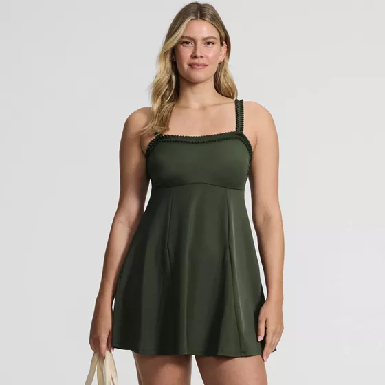 Women's Tugless Pleated Ruffle Swim Dress - primary