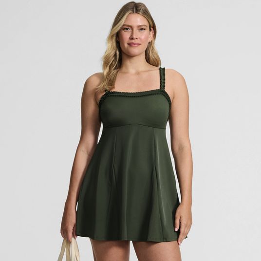 lands end halter swim dress Women's Pique Halter Ruffle Hem Mini Swim Dress Swimsuit