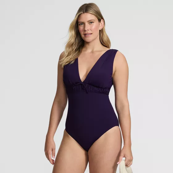 Women's Wide Strap Plunge Shirred One Piece - primary